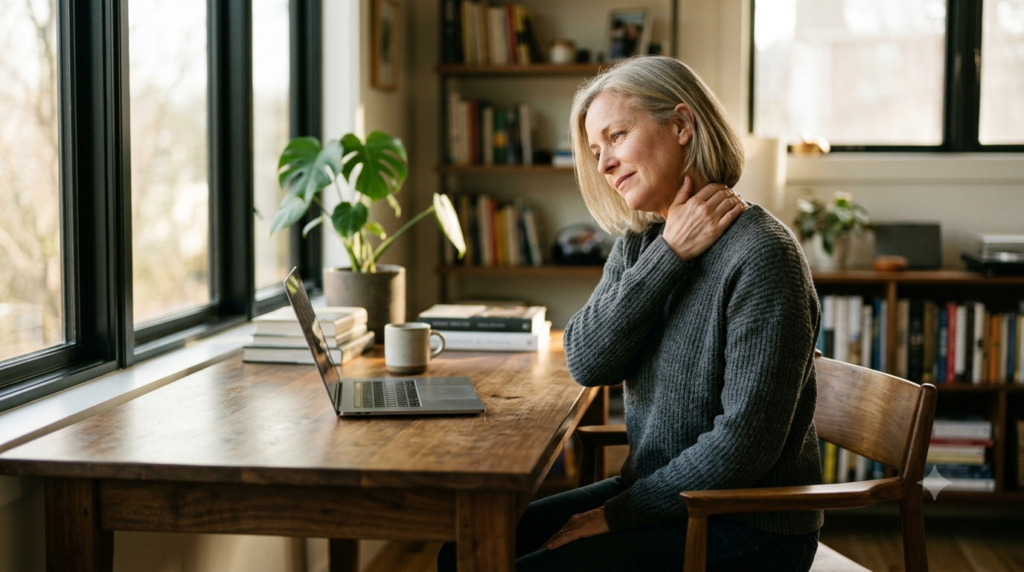 alt="A woman in her late 40s sitting at a wooden desk in a sunlit home office, gently placing her hand on her back neck to ease muscle tension."